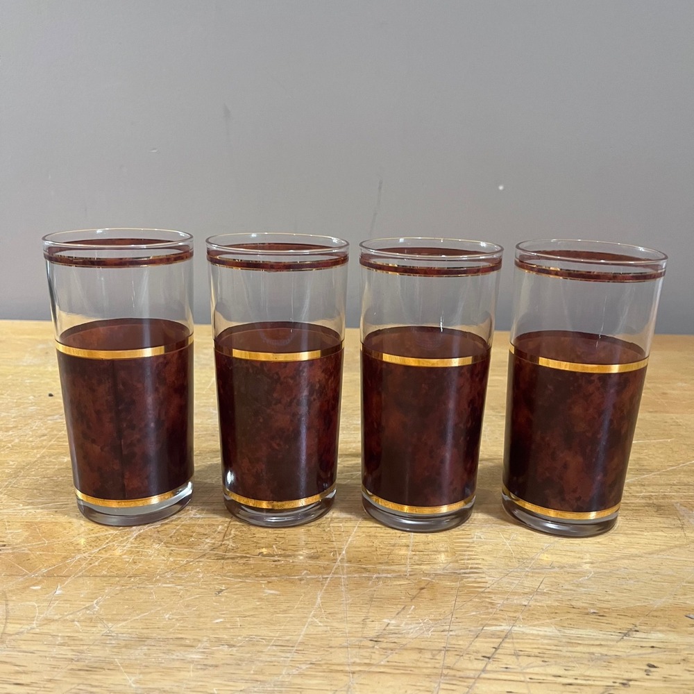 Vtg Culver Tortoise Shell Highball Glasses Set of 4 Gold Trim MCM Barware 5.5"